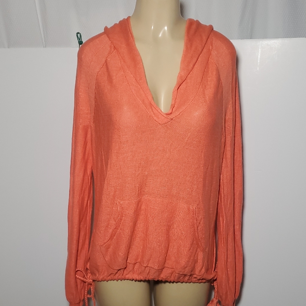 FREE PEOPLE Size XS OPTIMISTIC LINEN BLEND Women's Coral Hooded Pullover Top - Picture 2 of 15